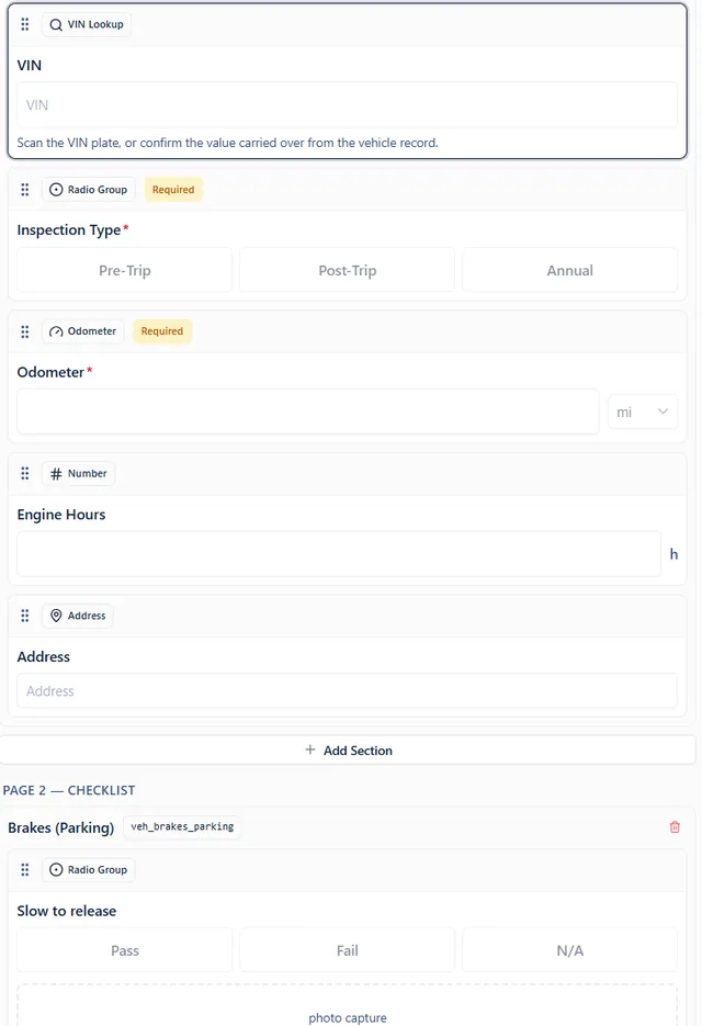The CheatSheetZ form builder showing a vehicle inspection with VIN lookup, choices and pass or fail items