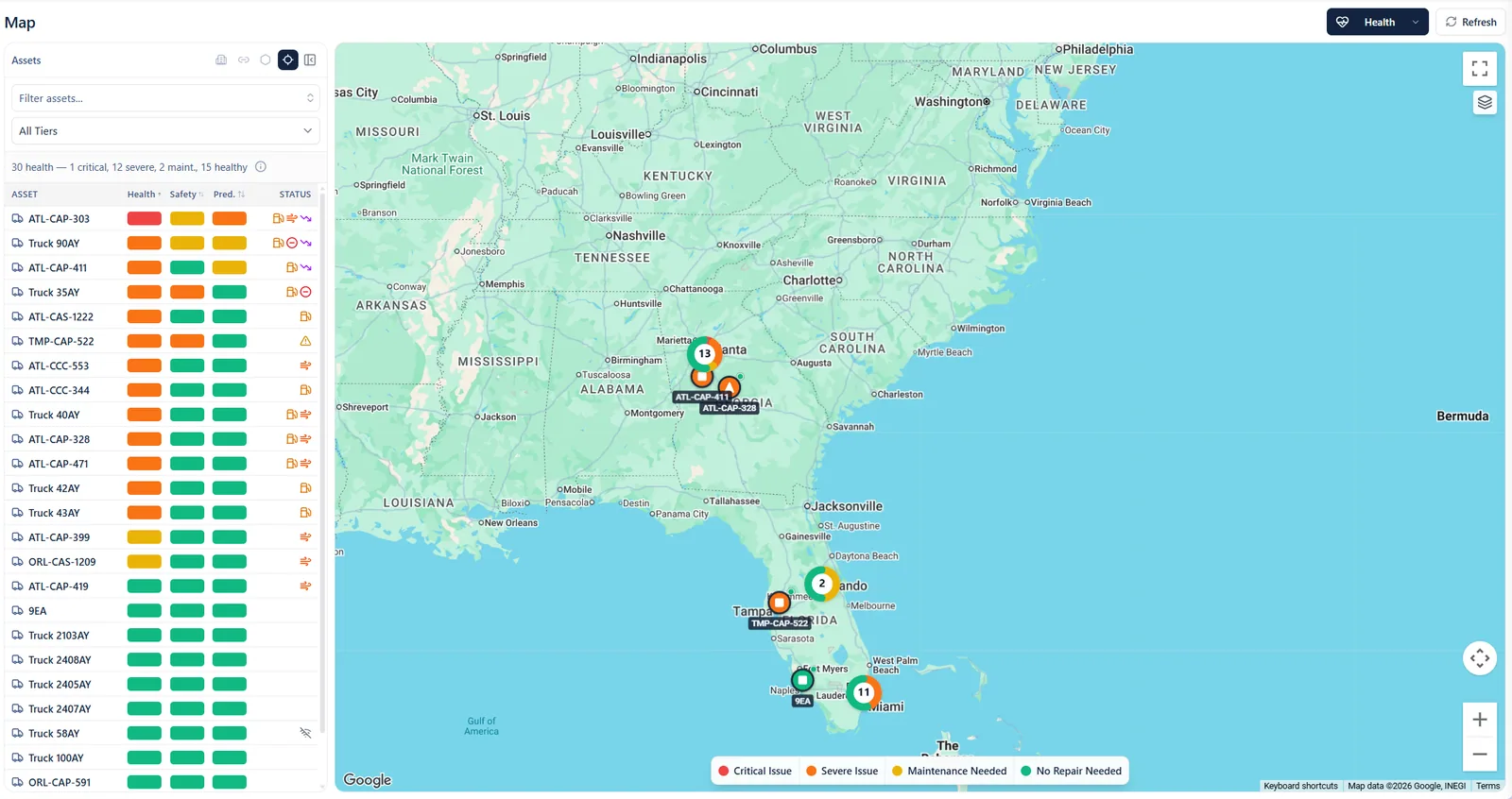 The Fleet Unify map: every truck listed with a health color, and trucks grouped on a map