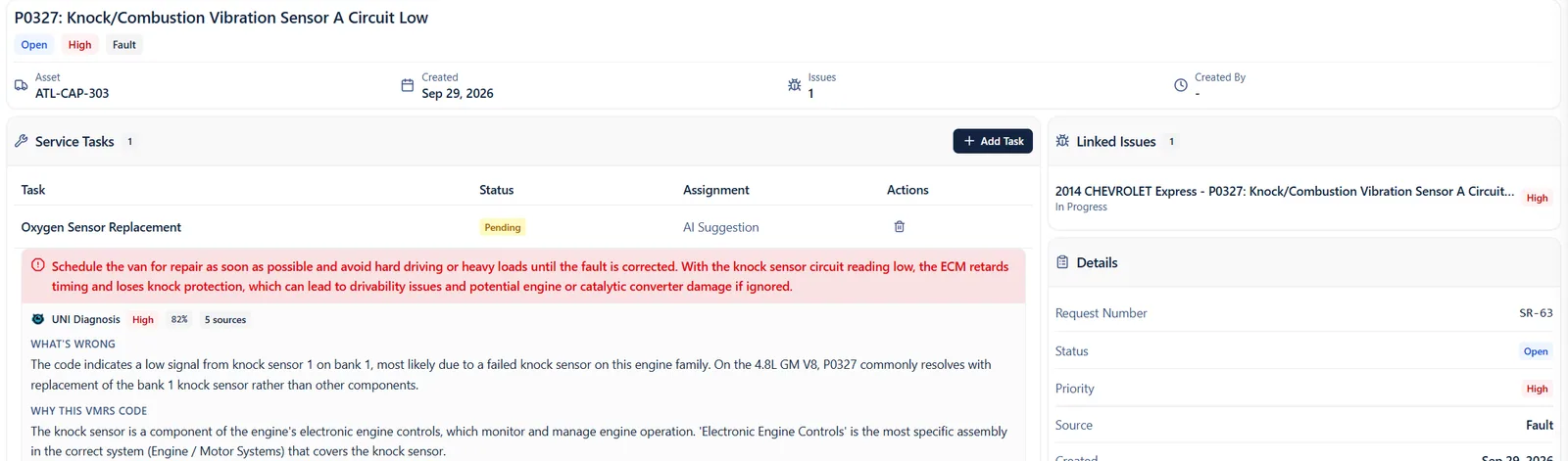 A repair request where UNI explains a warning code and suggests the repair